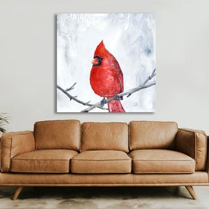 Red Cardinal Watercolor Painting - Waiting for Spring - Bird Art Print - Archival Canvas or Paper Reproduction