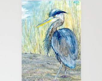 Great Blue Heron Art Card - Wildlife Watercolour Painting - Note or Greeting Card