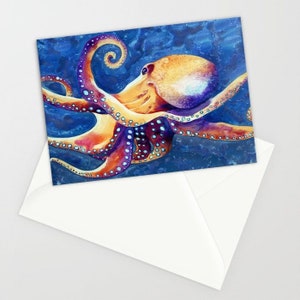 Octopus Art Card - Ocean Life-waterverfschilderij - notitie- of wenskaart