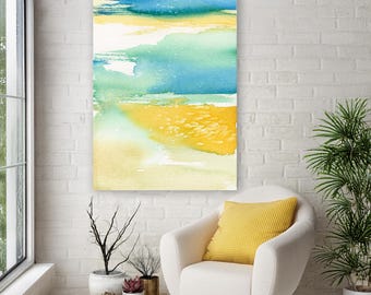 Abstract Ocean Watercolor Painting – Greece Landscape - Archival Canvas or Paper Reproduction