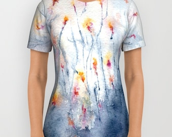 Floral T Shirt - Designer Clothing - Wildflowers Floral Painting - Artistic All Over Printed T Shirt
