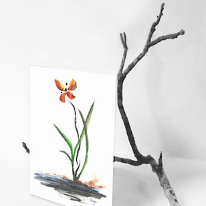 Butterfly Orchid Art Card - Sumi-e Zen Painting - Note or Greeting Card