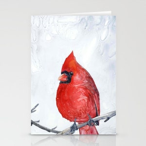 Tarjeta artística de Cardenal Rojo - Acuarela de pájaro - Nota o tarjeta de felicitación
