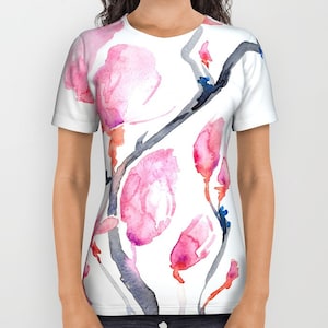 Floral Shirt - Designer Clothing - Japanese Magnolia Painting - Artistic All Over Printed T Shirt