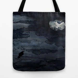 Art Tote Bag - Raven Full Moon Watercolor Painting - Shopping Bag