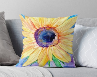 Floral Sunflower Pillow Cover - Vibrant Watercolor Throw Pillow