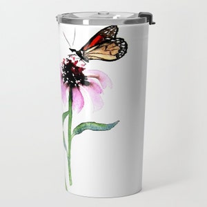 Travel Mug - Stainless Steel Metal Coffee Cup - Monarch Butterfly and Coneflower Watercolor Painting