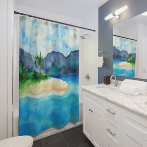 Shower Curtain Sandy Cove Painting - Artistic Bathroom - Colorful Modern Vibrant Bathroom Decor