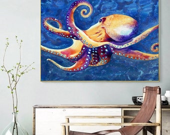 Octopus Watercolor Painting - Cephalopod Sea Creature Art Print - Archival Canvas or Paper Reproduction