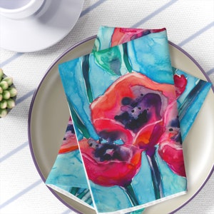 Cloth Napkins Poppies Painting Artistic Fabric Napkins Fine Dining Textiles Home Decor image 1