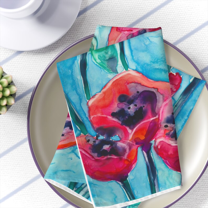 Cloth Napkins Poppies Painting Artistic Fabric Napkins Fine Dining Textiles Home Decor image 1