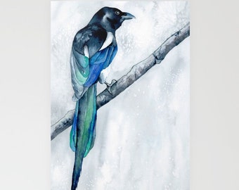 Magpie Art Card - Bird Watercolour Painting - Note or Greeting Card