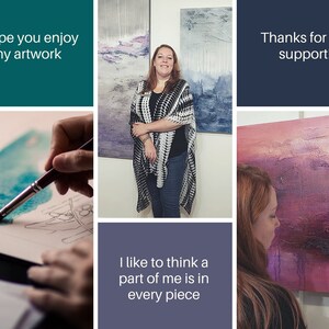 May include: A woman stands in front of two abstract paintings, one with a blue and gray color scheme and the other with a pink and purple color scheme. The text "I hope you enjoy my artwork" is in the top left corner of the image. The text "Thanks for the support!" is in the top right corner of the image. The text "I like to think a part of me is in every piece" is in the bottom center of the image.