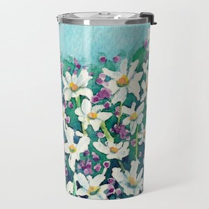 Travel Mug - Stainless Steel Metal Coffee Cup - Dancing Daisies Watercolor Painting