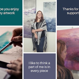 May include: A collection of images showing an artist and her paintings. The artist is seen creating art and posing with her work. Text includes "I hope you enjoy my artwork", "Thanks for the support!", and "I like to think a part of me is in every piece."