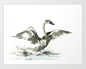 白鳥の雛のアートプリント - ミニマリストな日本の筆絵 - アーカイブ