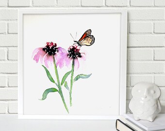 Monarch Butterfly Art - Echinacea Floral Watercolor Painting Art Print - Archival Canvas or Paper Reproduction