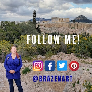 May include: A woman in a blue coat stands in front of a rocky landscape with the Acropolis in the background. The text "FOLLOW ME!" is written in white letters on the rocks. Below the text are four social media icons: Instagram, Facebook, Twitter, and Pinterest. The text "@BRAZENART" is written below the icons.