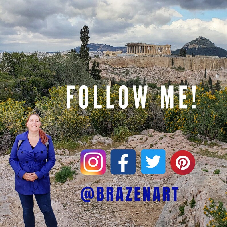 May include: A woman in a blue coat stands in front of a rocky landscape with the Acropolis in the background. The text "FOLLOW ME!" is written in white letters on the rocks. Below the text are four social media icons: Instagram, Facebook, Twitter, and Pinterest. The text "@BRAZENART" is written below the icons.