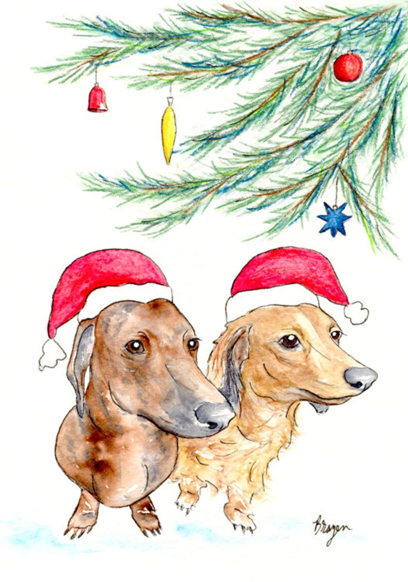 K&ouml;nnte beinhalten: Aquarellillustration von zwei Dackeln mit roten Weihnachtsm&uuml;tzen unter einem Weihnachtsbaumzweig mit Ornamenten. Ein Hund ist braun, der andere ist hellbraun. Das Kunstwerk ist mit "Brygen" signiert.