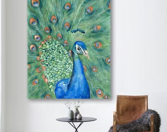May include: A vertical wall art print featuring a detailed watercolor painting of a peacock with its tail feathers fanned out. The bird has a vibrant blue neck and head, with green and gold eye-patterned feathers filling the background.