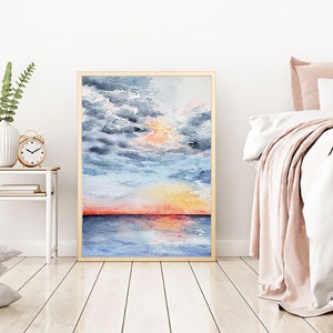Watercolor Art Print - Sunset Seascape Ocean Painting - Archival Canvas or Paper Reproduction - Moment of Tranquility