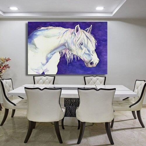 Impression d'art équin - aquarelle cheval blanc - reproduction d'archives sur toile ou sur papier