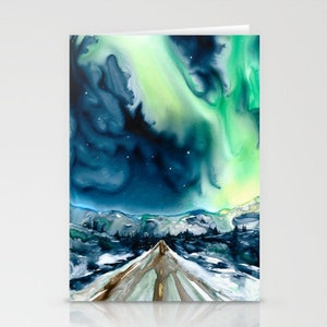 Aurora Borealis Kunstkarte - Landschaftsaquarellmalerei - Notiz oder Grußkarte