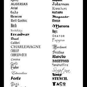 May include: A list of different font names in black text on a white background. The font names include Agency, Algerian, Arial, Asre, Beacon, Bell Gothic, Birch, Bradley, Broadway, Brush, Calibri, Charlemagne, Chiller, Chinesewatch, Corsiva, Curlz, Endor, Edwardian, Forte, Gigi, Hongkong, Impact, Jokerman, Kaneiwa, Katana, Magneto, Manga, Matura, Onyx, Orator, Papyrus, Parchment, Pristina, Ravie, Rosewood, Sandsoffire, Scripfina, Snap, Stencil, Taco, and Times New Roman.