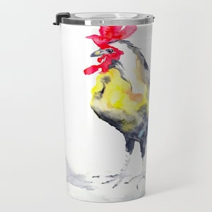Travel Mug - Stainless Steel Metal Coffee Cup - Rooster - Ink Painting