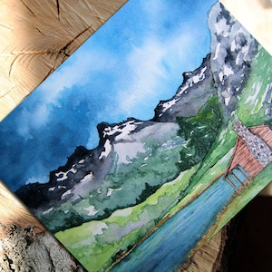 Serenity Art Card - landschapsschilderij hut in de bergen - notitie- of wenskaart