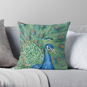 Decorative Pillow Cover - Peacock Painting - Throw Pillow Cushion - Fine Art Home Decor