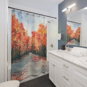 Shower Curtain Autumn Landscape Painting - Artistic Bathroom - Colorful Modern Vibrant Bathroom Decor