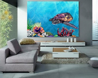 Sea Turtle Art Print - Ocean Wildlife Watercolor Painting - Archival Canvas or Paper Reproduction