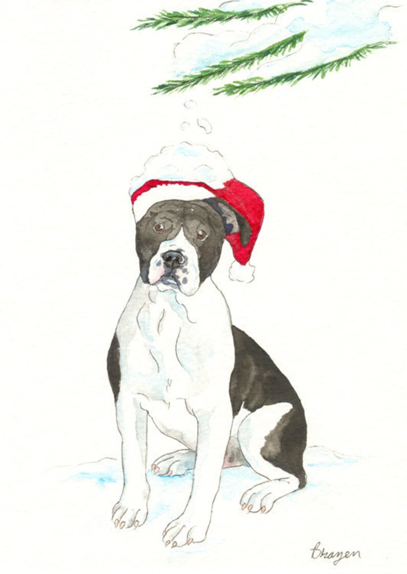 K&ouml;nnte beinhalten: Aquarellmalerei eines schwarz-wei&szlig;en Hundes mit rotem und wei&szlig;em Weihnachtsmannhut, der im Schnee sitzt. Gr&uuml;ne Kiefernzweige und Schnee befinden sich &uuml;ber dem Hund. Der Hund hat einen traurigen Gesichtsausdruck.