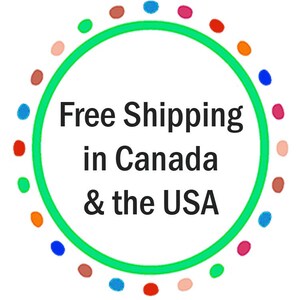 May include: Green circle with colorful dots around the edge. The text inside the circle reads "Free Shipping in Canada & the USA".