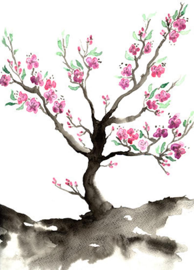 Watercolor Painting Sakura Tree Cherry Blossom Art Nature ...