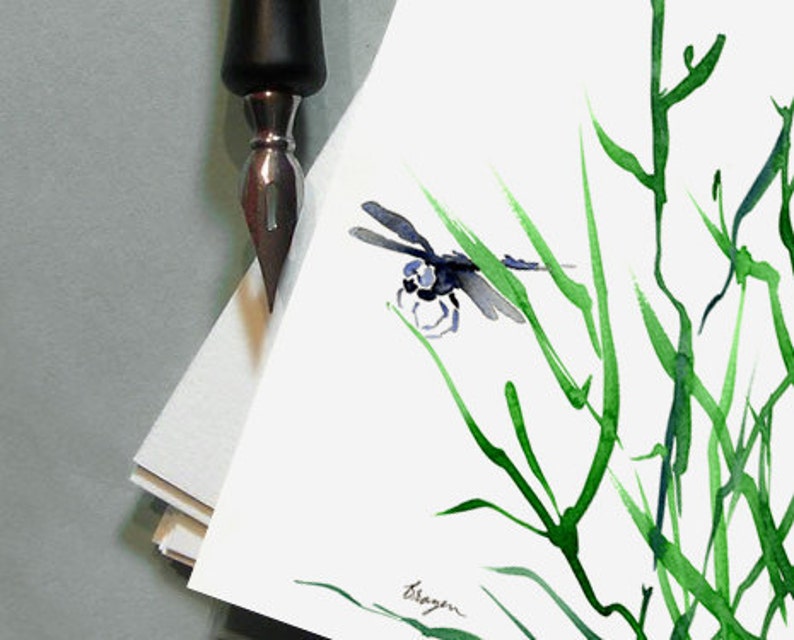 Dragonfly Art Card Nature Bug Insect Sumi-e Painting Note or Greeting Card image 1