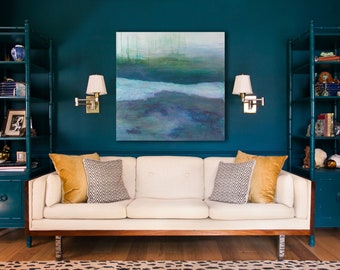 Estanques Huecos - Pintura acrílica iridiscente original sobre tabla de madera - Decoración abstracta para el hogar