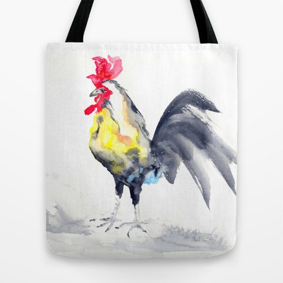 Sac fourre-tout artistique - aquarelle coq - sac à provisions