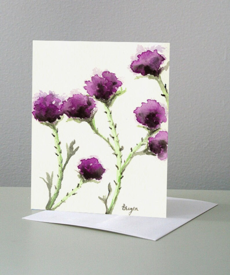 Greeting Card Mauve Milk Thistle Floral Sumi-e image 1