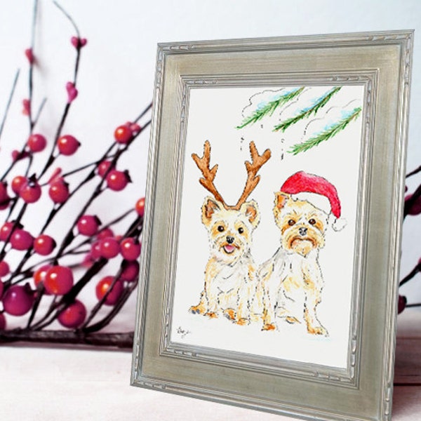 Christmas Portrait - Original Holiday Pet Portrait Watercolor Illustration - Custom Dog Art