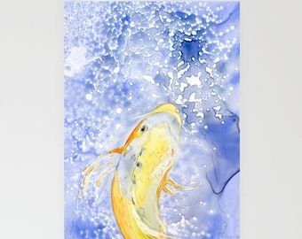 May include: A watercolour painting of a yellow and orange goldfish swimming in a blue and white water background.