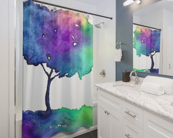 May include: A watercolour shower curtain featuring a colourful tree with a white background. The tree is painted in shades of blue, purple, green, and yellow.