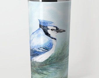 Travel Mug - Stainless Steel Metal Coffee Cup - Bluejay Bird Watercolor Painting