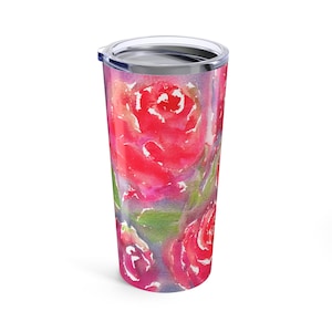 Travel Mug - Stainless Steel Metal Coffee Cup - Elegant Roses Watercolor Painting
