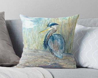Watercolor Blue Heron Pillow Cover – Bird Art Throw Pillow