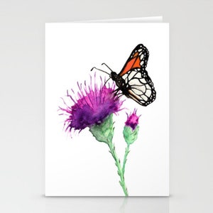 Monarch und Mariendistel Kunstkarte - Blumen Aquarell Malerei - Notiz oder Grußkarte