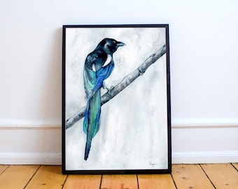 Magpie Art Print Wildlife Bird Watercolor Painting - Archival Canvas or Paper Reproduction