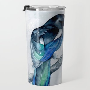 Travel Mug - Stainless Steel Metal Coffee Cup - Magpie Bird Watercolor Painting